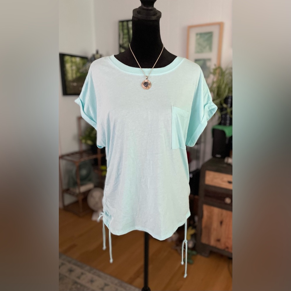 Short Sleeve Turquoise Cuffed Sleeve Cinch Side Top Size XXL